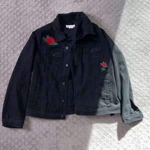 Dark black jean jacket with rose patches